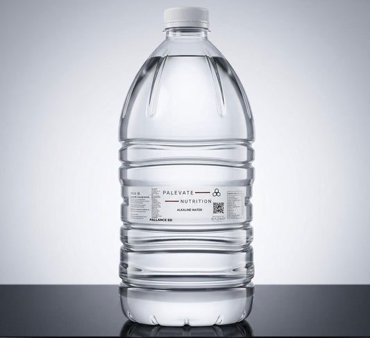 Clear water jug big with a label on a reflective surface and light gray background