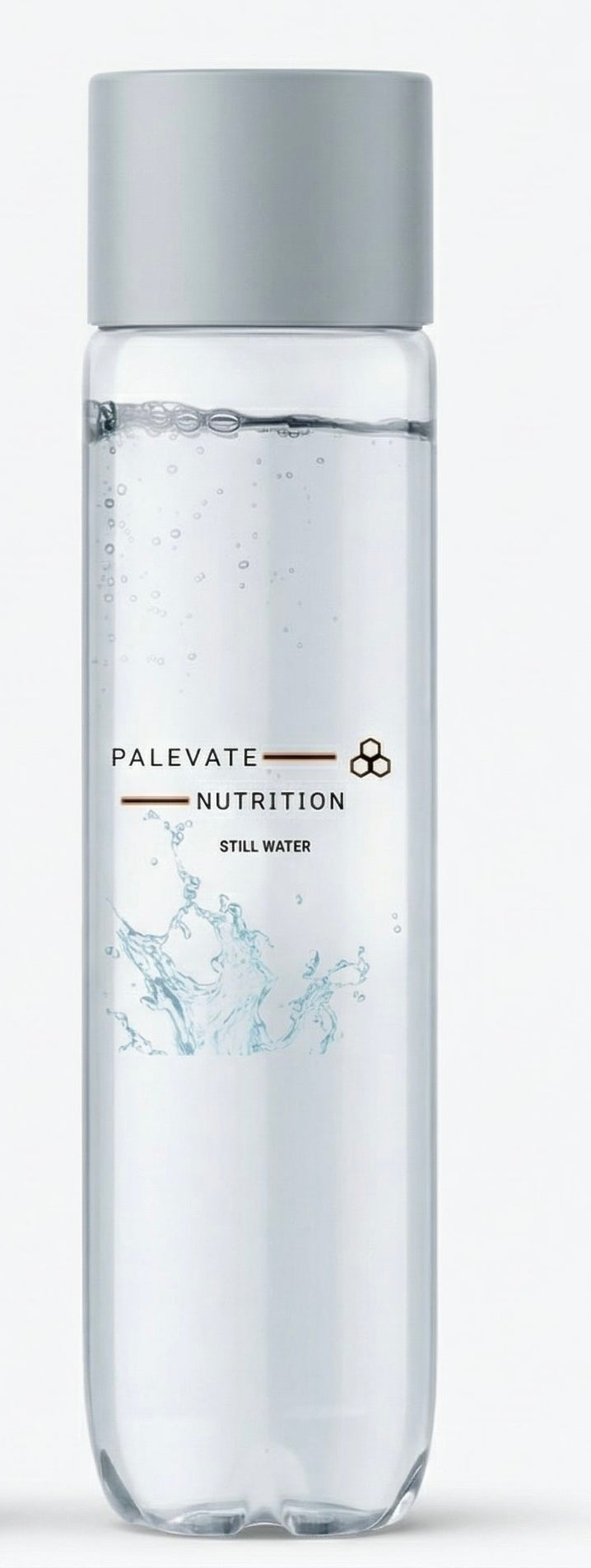 Clear water bottle with gray cap labeled 'PALEVATE NUTRITION' on a white background