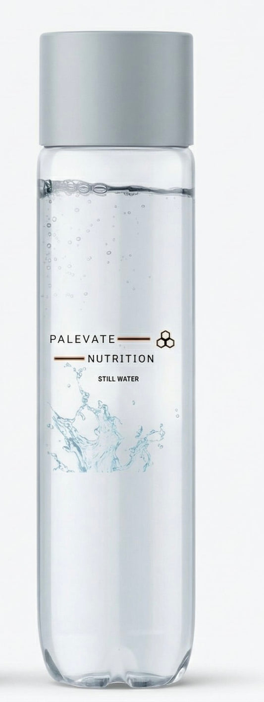 Clear water bottle with gray cap labeled 'PALEVATE NUTRITION' on a white background