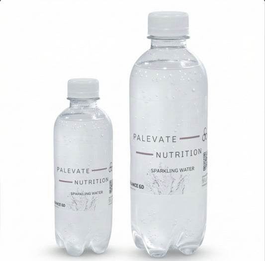 Two bottles of Palevate Nutrition sparkling water on a white background